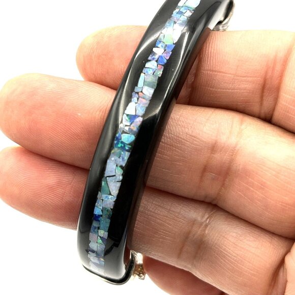 Jay King Black Onyx Agate & Micro Opal Mosaic Inlay Sterling Bangle Bracelet - Picture 8 of 9